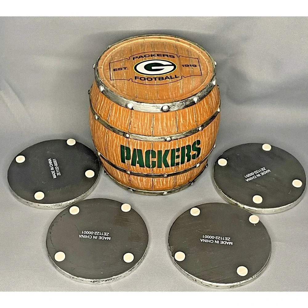 Green Bay Packers Coasters set of 4‎ Metal Trim NFL Wooden Barrel Collectible